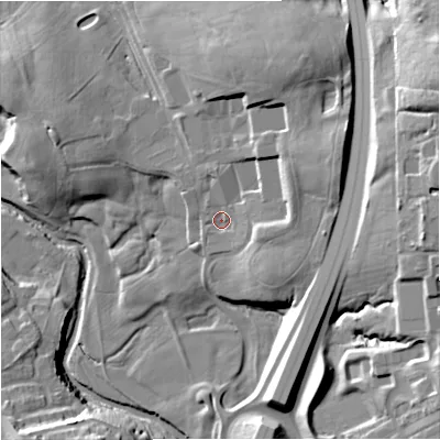 Shaded relief map of the ground around BB120RT, computed from Environment Agency LiDAR. The ground here sits at about 104 m above sea level and falls 30 m across the surrounding 800 m. Surface water reaching this point runs off ground lying to the east-north-east, 8.8 m higher.