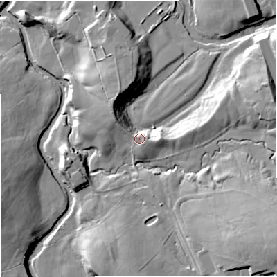 Shaded relief map of the ground around BB120RU, computed from Environment Agency LiDAR. The ground here sits at about 100 m above sea level and falls 29 m across the surrounding 800 m. Surface water reaching this point runs off ground lying to the south-east, 8.9 m higher.
