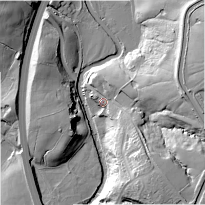 Shaded relief map of the ground around BB120RZ, computed from Environment Agency LiDAR. The ground here sits at about 104 m above sea level and falls 41 m across the surrounding 800 m. Surface water reaching this point runs off ground lying to the south-east, 34.2 m higher.