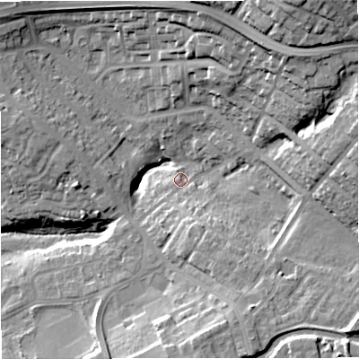 Shaded relief map of the ground around BB126AA, computed from Environment Agency LiDAR. The ground here sits at about 116 m above sea level and falls 34 m across the surrounding 800 m. Surface water reaching this point runs off ground lying to the east-north-east, 20.5 m higher.