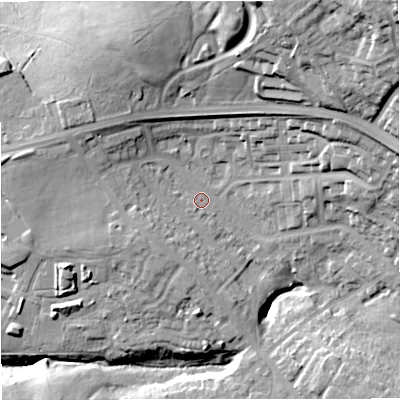 Shaded relief map of the ground around BB126BB, computed from Environment Agency LiDAR. The ground here sits at about 116 m above sea level and falls 51 m across the surrounding 800 m. Surface water reaching this point runs off ground lying to the south-east, 13.8 m higher.