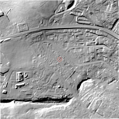 Shaded relief map of the ground around BB126BD, computed from Environment Agency LiDAR. The ground here sits at about 117 m above sea level and falls 49 m across the surrounding 800 m. Surface water reaching this point runs off ground lying to the west-south-west, 5.9 m higher.