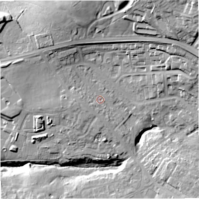 Shaded relief map of the ground around BB126BE, computed from Environment Agency LiDAR. The ground here sits at about 118 m above sea level and falls 46 m across the surrounding 800 m. Surface water reaching this point runs off ground lying to the north-west, 7.4 m higher.