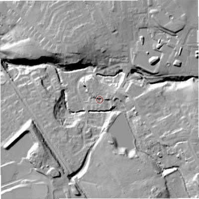 Shaded relief map of the ground around BB126PG, computed from Environment Agency LiDAR. The ground here sits at about 101 m above sea level and falls 35 m across the surrounding 800 m. Surface water reaching this point runs off ground lying to the east-north-east, 2.0 m higher.