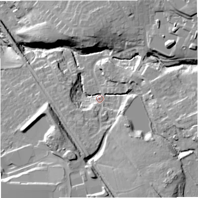 Shaded relief map of the ground around BB126PH, computed from Environment Agency LiDAR. The ground here sits at about 99 m above sea level and falls 36 m across the surrounding 800 m. Surface water reaching this point runs off ground lying to the south-south-west, 12.9 m higher.