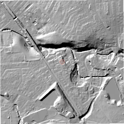 Shaded relief map of the ground around BB126PP, computed from Environment Agency LiDAR. The ground here sits at about 101 m above sea level and falls 35 m across the surrounding 800 m. Surface water reaching this point runs off ground lying to the south, 6.3 m higher.