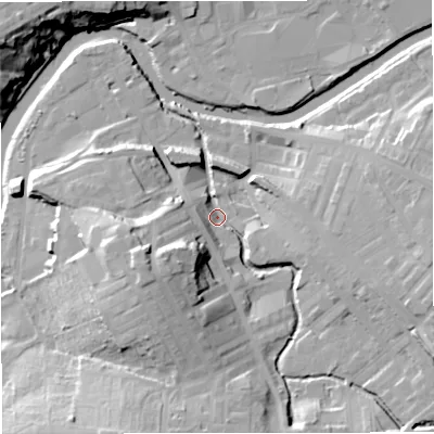 Shaded relief map of the ground around BB127AB, computed from Environment Agency LiDAR. The ground here sits at about 76 m above sea level and falls 27 m across the surrounding 800 m. Surface water reaching this point runs off ground lying to the west-south-west, 20.5 m higher.