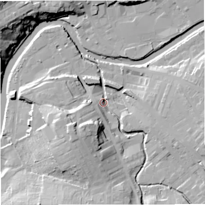 Shaded relief map of the ground around BB127AD, computed from Environment Agency LiDAR. The ground here sits at about 79 m above sea level and falls 30 m across the surrounding 800 m. Surface water reaching this point runs off ground lying to the south-west, 20.9 m higher.