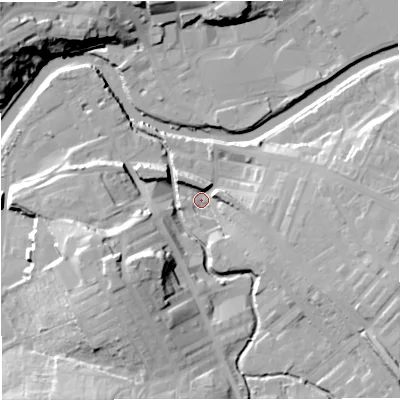 Shaded relief map of the ground around BB127AE, computed from Environment Agency LiDAR. The ground here sits at about 77 m above sea level and falls 25 m across the surrounding 800 m. Surface water reaching this point runs off ground lying to the east-south-east, 15.7 m higher.