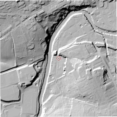 Shaded relief map of the ground around BB127AN, computed from Environment Agency LiDAR. The ground here sits at about 77 m above sea level and falls 49 m across the surrounding 800 m. Surface water reaching this point runs off ground lying to the east-south-east, 17.6 m higher.