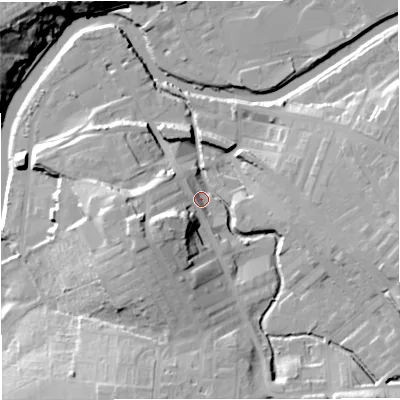 Shaded relief map of the ground around BB127AP, computed from Environment Agency LiDAR. The ground here sits at about 79 m above sea level and falls 27 m across the surrounding 800 m. Surface water reaching this point runs off ground lying to the west-south-west, 13.8 m higher.