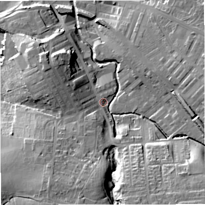 Shaded relief map of the ground around BB127BG, computed from Environment Agency LiDAR. The ground here sits at about 82 m above sea level and falls 27 m across the surrounding 800 m. Surface water reaching this point runs off ground lying to the south-south-east, 22.6 m higher.