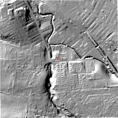 Shaded relief map of the ground around BB127BX, computed from Environment Agency LiDAR. The ground here sits at about 87 m above sea level and falls 33 m across the surrounding 800 m. Surface water reaching this point runs off ground lying to the south, 12.9 m higher.