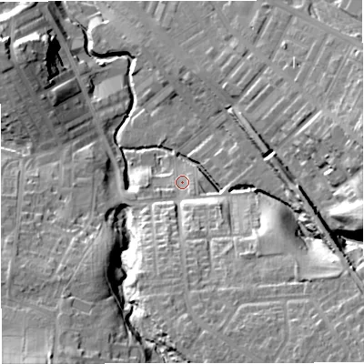 Shaded relief map of the ground around BB127DX, computed from Environment Agency LiDAR. The ground here sits at about 85 m above sea level and falls 30 m across the surrounding 800 m. Surface water reaching this point runs off ground lying to the south-south-east, 19.3 m higher.