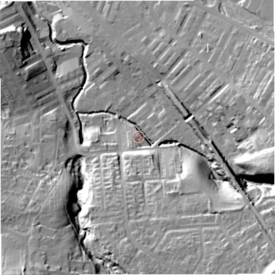 Shaded relief map of the ground around BB127DZ, computed from Environment Agency LiDAR. The ground here sits at about 85 m above sea level and falls 38 m across the surrounding 800 m. Surface water reaching this point runs off ground lying to the south-east, 32.3 m higher.