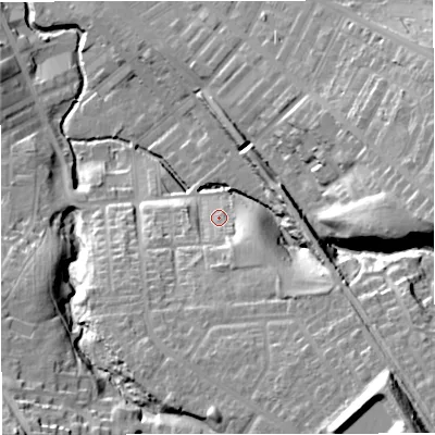 Shaded relief map of the ground around BB127EE, computed from Environment Agency LiDAR. The ground here sits at about 90 m above sea level and falls 40 m across the surrounding 800 m. Surface water reaching this point runs off ground lying to the south-south-east, 9.8 m higher.
