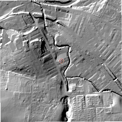 Shaded relief map of the ground around BB127EF, computed from Environment Agency LiDAR. The ground here sits at about 82 m above sea level and falls 27 m across the surrounding 800 m. Surface water reaching this point runs off ground lying to the south-south-west, 16.8 m higher.