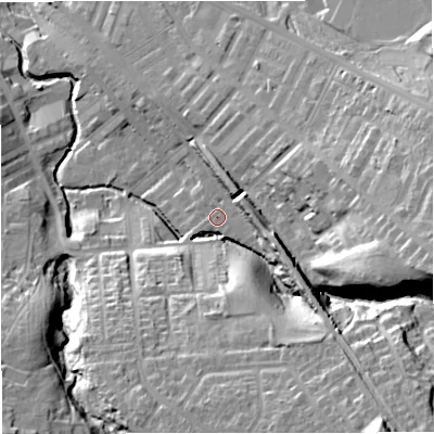 Shaded relief map of the ground around BB127EN, computed from Environment Agency LiDAR. The ground here sits at about 86 m above sea level and falls 37 m across the surrounding 800 m. Surface water reaching this point runs off ground lying to the south-east, 28.7 m higher.