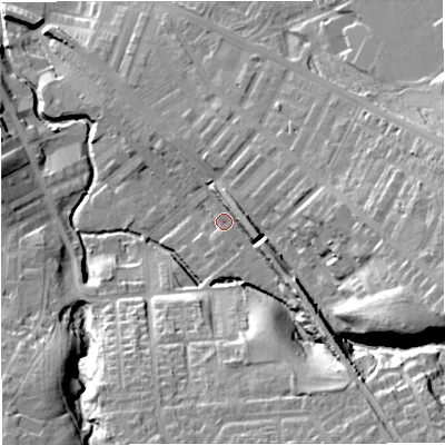 Shaded relief map of the ground around BB127EP, computed from Environment Agency LiDAR. The ground here sits at about 86 m above sea level and falls 34 m across the surrounding 800 m. Surface water reaching this point runs off ground lying to the east-south-east, 9.0 m higher.