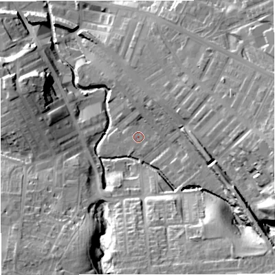 Shaded relief map of the ground around BB127EQ, computed from Environment Agency LiDAR. The ground here sits at about 82 m above sea level and falls 29 m across the surrounding 800 m. Surface water reaching this point runs off ground lying to the north-east, 5.8 m higher.