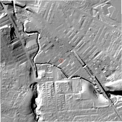 Shaded relief map of the ground around BB127ER, computed from Environment Agency LiDAR. The ground here sits at about 83 m above sea level and falls 31 m across the surrounding 800 m. Surface water reaching this point runs off ground lying to the east-north-east, 14.0 m higher.