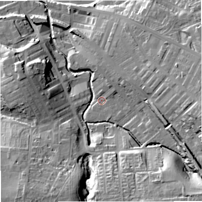Shaded relief map of the ground around BB127ES, computed from Environment Agency LiDAR. The ground here sits at about 81 m above sea level and falls 29 m across the surrounding 800 m. Surface water reaching this point runs off ground lying to the east-north-east, 7.4 m higher.