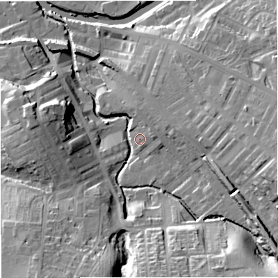 Shaded relief map of the ground around BB127EU, computed from Environment Agency LiDAR. The ground here sits at about 82 m above sea level and falls 27 m across the surrounding 800 m. Surface water reaching this point runs off ground lying to the north-east, 3.9 m higher.
