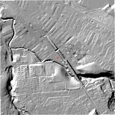 Shaded relief map of the ground around BB127EW, computed from Environment Agency LiDAR. The ground here sits at about 86 m above sea level and falls 37 m across the surrounding 800 m. Surface water reaching this point runs off ground lying to the east-south-east, 8.0 m higher.