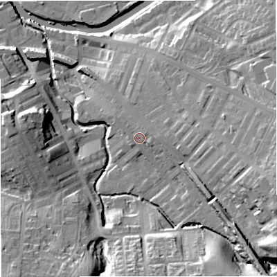 Shaded relief map of the ground around BB127EX, computed from Environment Agency LiDAR. The ground here sits at about 85 m above sea level and falls 28 m across the surrounding 800 m. Surface water reaching this point runs off ground lying to the north-east, 2.3 m higher.
