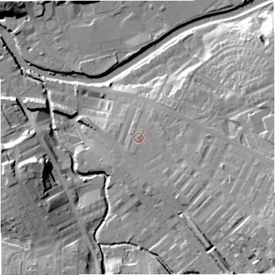 Shaded relief map of the ground around BB127EY, computed from Environment Agency LiDAR. The ground here sits at about 86 m above sea level and falls 28 m across the surrounding 800 m. Surface water reaching this point runs off ground lying to the east-south-east, 6.8 m higher.