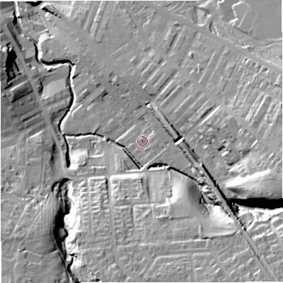 Shaded relief map of the ground around BB127FR, computed from Environment Agency LiDAR. The ground here sits at about 85 m above sea level and falls 32 m across the surrounding 800 m. Surface water reaching this point runs off ground lying to the east-south-east, 2.0 m higher.