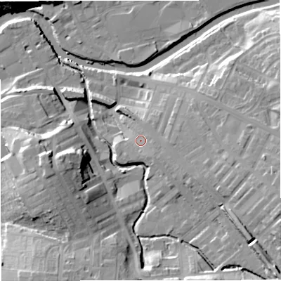 Shaded relief map of the ground around BB127HA, computed from Environment Agency LiDAR. The ground here sits at about 83 m above sea level and falls 24 m across the surrounding 800 m. Surface water reaching this point runs off ground lying to the east-south-east, 3.9 m higher.