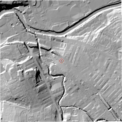 Shaded relief map of the ground around BB127HB, computed from Environment Agency LiDAR. The ground here sits at about 83 m above sea level and falls 24 m across the surrounding 800 m. Surface water reaching this point runs off ground lying to the east-south-east, 11.3 m higher.