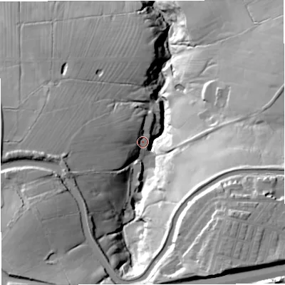 Shaded relief map of the ground around BB127LN, computed from Environment Agency LiDAR. The ground here sits at about 105 m above sea level and falls 62 m across the surrounding 800 m. Surface water reaching this point runs off ground lying to the west-south-west, 29.8 m higher.