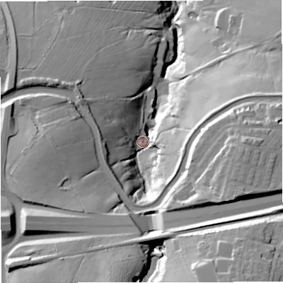 Shaded relief map of the ground around BB127LW, computed from Environment Agency LiDAR. The ground here sits at about 110 m above sea level and falls 67 m across the surrounding 800 m. Surface water reaching this point runs off ground lying to the south-east, 24.8 m higher.