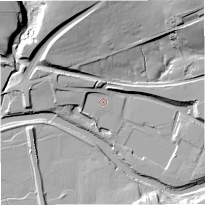 Shaded relief map of the ground around BB127NG, computed from Environment Agency LiDAR. The ground here sits at about 73 m above sea level and falls 38 m across the surrounding 800 m. Surface water reaching this point runs off ground lying to the north-north-west, 1.9 m higher.
