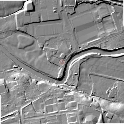 Shaded relief map of the ground around BB127NL, computed from Environment Agency LiDAR. The ground here sits at about 69 m above sea level and falls 21 m across the surrounding 800 m. Surface water reaching this point runs off ground lying to the north, 1.7 m higher.