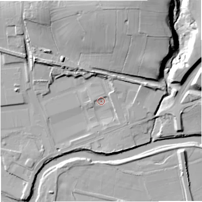 Shaded relief map of the ground around BB127NQ, computed from Environment Agency LiDAR. The ground here sits at about 70 m above sea level and falls 39 m across the surrounding 800 m. Surface water reaching this point runs off ground lying to the north, 7.1 m higher.