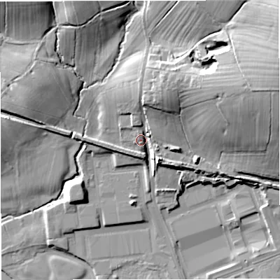 Shaded relief map of the ground around BB127NW, computed from Environment Agency LiDAR. The ground here sits at about 75 m above sea level and falls 42 m across the surrounding 800 m. Surface water reaching this point runs off ground lying to the north-north-east, 17.6 m higher.