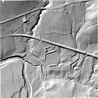 Shaded relief map of the ground around BB127RR, computed from Environment Agency LiDAR. The ground here sits at about 69 m above sea level and falls 43 m across the surrounding 800 m. Surface water reaching this point runs off ground lying to the north-north-west, 7.4 m higher.