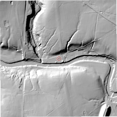 Shaded relief map of the ground around BB127RT, computed from Environment Agency LiDAR. The ground here sits at about 61 m above sea level and falls 38 m across the surrounding 800 m. Surface water reaching this point runs off ground lying to the north, 16.5 m higher.