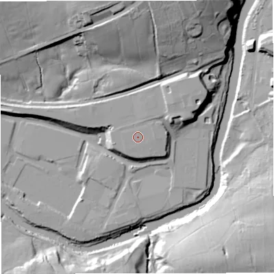 Shaded relief map of the ground around BB127SN, computed from Environment Agency LiDAR. The ground here sits at about 81 m above sea level and falls 35 m across the surrounding 800 m. The ground contributing surface water to this point lies to the north.