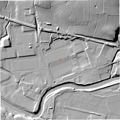 Shaded relief map of the ground around BB127TY, computed from Environment Agency LiDAR. The ground here sits at about 70 m above sea level and falls 37 m across the surrounding 800 m. Surface water reaching this point runs off ground lying to the west-south-west, 1.4 m higher.