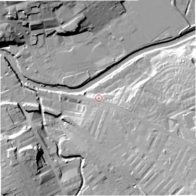 Shaded relief map of the ground around BB128BA, computed from Environment Agency LiDAR. The ground here sits at about 82 m above sea level and falls 27 m across the surrounding 800 m. Surface water reaching this point runs off ground lying to the south-east, 16.9 m higher.