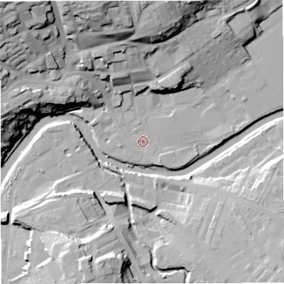 Shaded relief map of the ground around BB128BE, computed from Environment Agency LiDAR. The ground here sits at about 77 m above sea level and falls 40 m across the surrounding 800 m. Surface water reaching this point runs off ground lying to the north-north-west, 34.9 m higher.