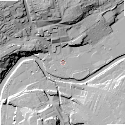 Shaded relief map of the ground around BB128BH, computed from Environment Agency LiDAR. The ground here sits at about 77 m above sea level and falls 43 m across the surrounding 800 m. Surface water reaching this point runs off ground lying to the north-west, 37.9 m higher.