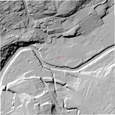 Shaded relief map of the ground around BB128BL, computed from Environment Agency LiDAR. The ground here sits at about 77 m above sea level and falls 41 m across the surrounding 800 m. Surface water reaching this point runs off ground lying to the north-north-west, 35.1 m higher.