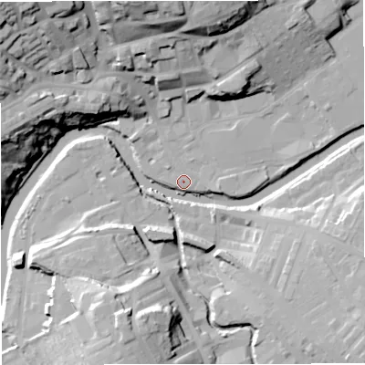 Shaded relief map of the ground around BB128BN, computed from Environment Agency LiDAR. The ground here sits at about 77 m above sea level and falls 39 m across the surrounding 800 m. Surface water reaching this point runs off ground lying to the east-north-east, 0.6 m higher.