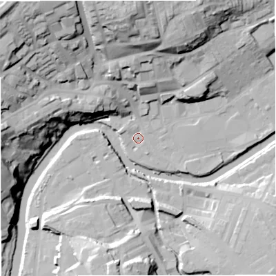 Shaded relief map of the ground around BB128BP, computed from Environment Agency LiDAR. The ground here sits at about 77 m above sea level and falls 46 m across the surrounding 800 m. Surface water reaching this point runs off ground lying to the north, 2.5 m higher.