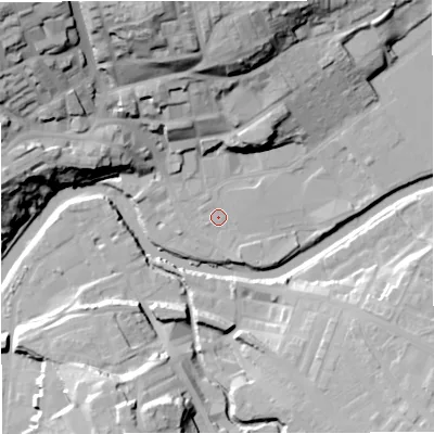 Shaded relief map of the ground around BB128BQ, computed from Environment Agency LiDAR. The ground here sits at about 77 m above sea level and falls 41 m across the surrounding 800 m. Surface water reaching this point runs off ground lying to the north-north-west, 34.9 m higher.